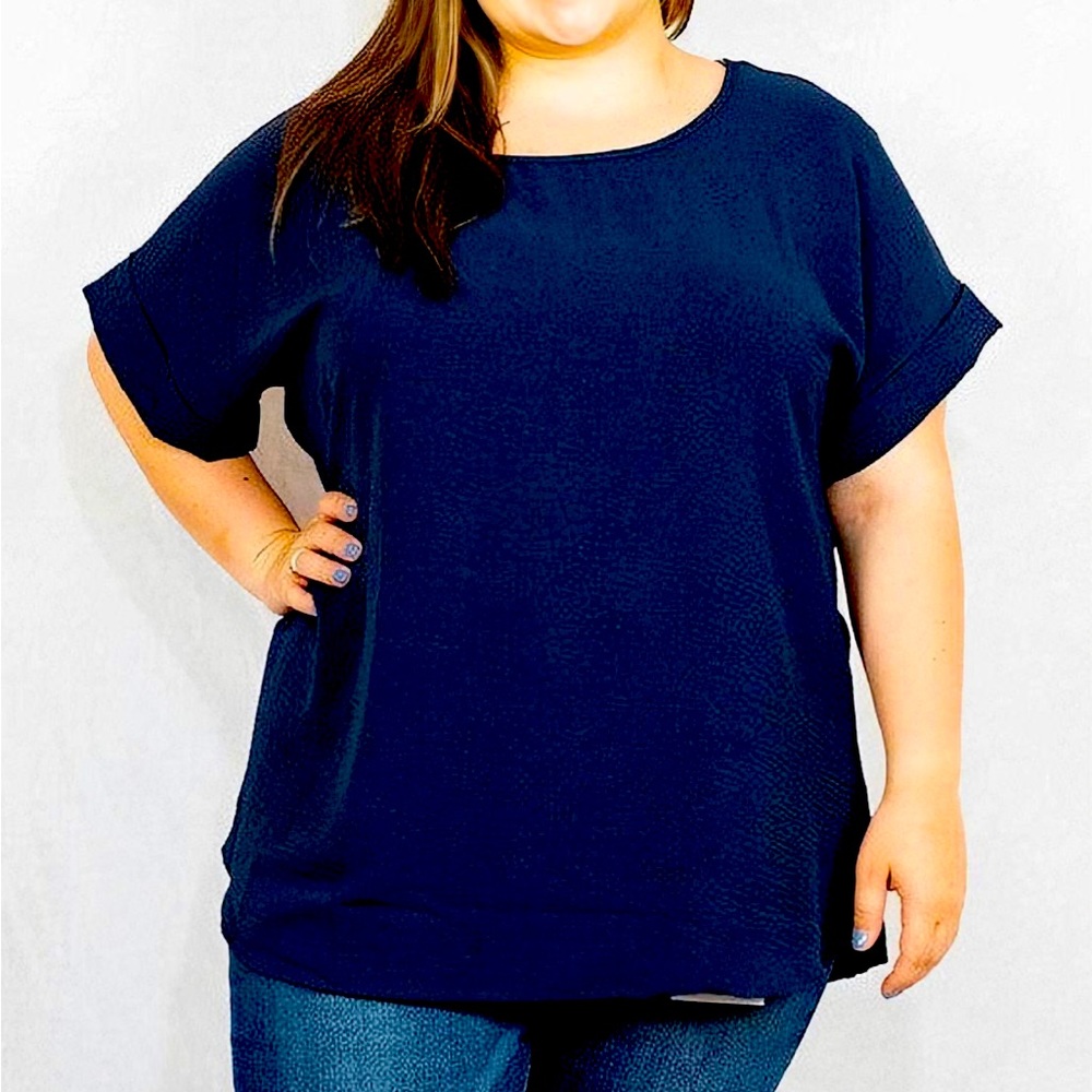 Entro Plus Size Navy Scooped Neck Top with Rolled Sleeves in 1XL
